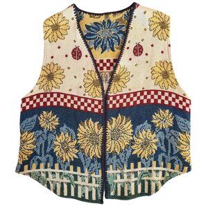 Vtg Sugar Street Weevers Knit Vest Lrg 100% Cotton Made USA Sunflowers Lady Bug
